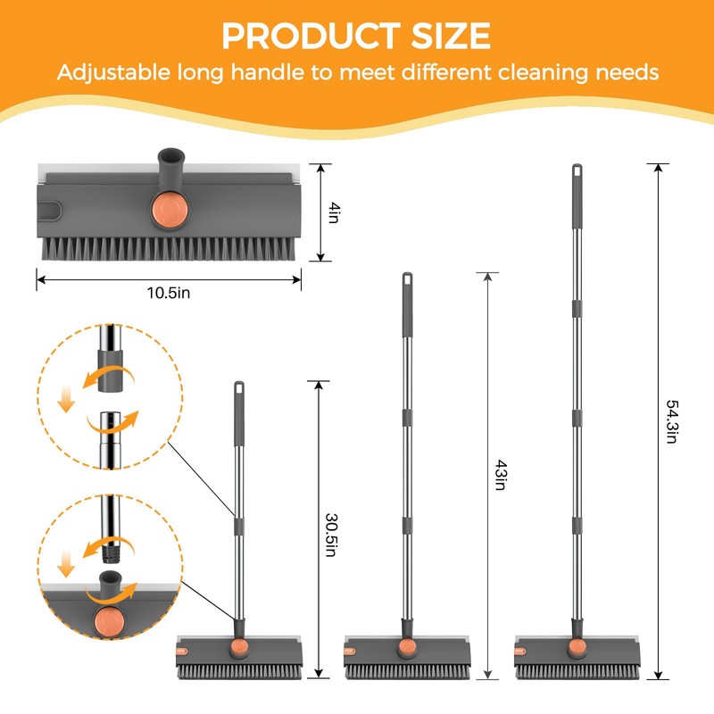 Floor Scrub Brush with Scraper and Stiff Bristle, Grey&Orange