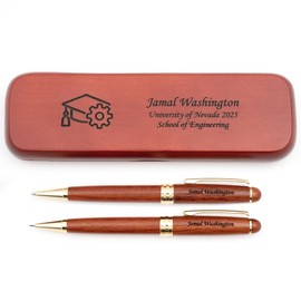 Rosewood Engraved Ballpoint Pen and Pencil Set with matching Wood Case. A Custom Graduation Gift with Engineering Emblem