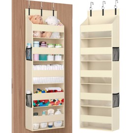 Lifewit 1 Pack Over The Door Organizer, 5 Shelf Clear Window Hanging Storage with 4 Mesh Side Pockets, Anti Tilt 40 lbs Load Behind Door for Pantry, Nursery, Bathroom, Bedroom, Kitchen, Dorm, Beige