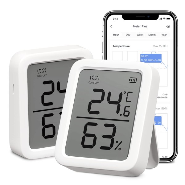 SwitchBot Indoor Thermometer Hygrometer 2 Pack, Indoor Temperature Humidity Sensor with Smart Alert & 68-Day Data Storage, 3In Bluetooth Room Thermometer for Baby Home Garage Greenhouse