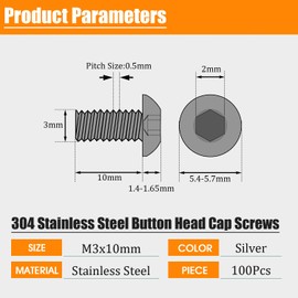 M3-0.5x10mm Button Head Socket Cap Screw,M3 10mm Screws,Allen Hex Drive Button Head Bolt,Stainless Steel Machine Bolts,Full Thread,Bright Finish,Coarse Thread 100Pcs