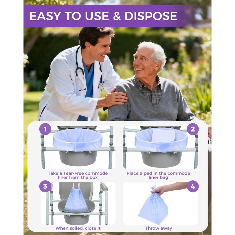 100 Pcs Bedside Commode Liners with Absorbent Pads, Tear-Free Leak-Proof