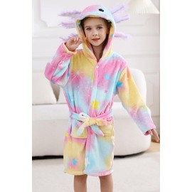 DELEY Unisex Boys Girls Bathrobes Toddler Kids Hooded Robes Flannel Sleepwear for Kids Axolotl Style
