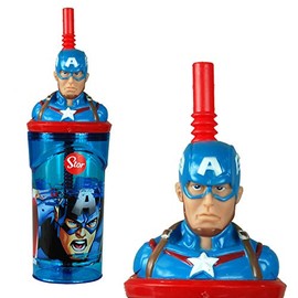 Captain America 3D Figurine Plastic Tumbler Beaker with Flexi Straw - 360ml - 7cm Diameter x 14cm Height - Sturdy Novelty Enclosed Drinking Cup.