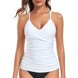 Ocean Blues Women's White Tummy Control Tankini Swimuit Top Push Up Vneck Tankini Top Only Size Medium