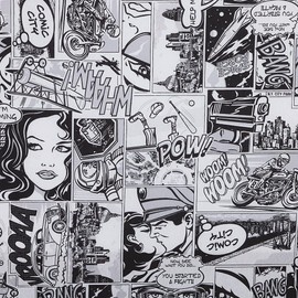 Kt KILOtela - Canvas Decorative Fabric, Home Accessories, Decorations, Tablecloths, Curtains, Cushions, Curtains, Bags, Crafts, 100 cm Length x 280 cm Width, Comic, Black, White - 1 Metre
