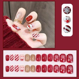 24Pcs Christmas Press on Nails Short Square Snowflake Fake Nails Winter Reindeer Glitter Lines Design Red Christmas Nails with Design Glue on Nails Cute Acrylic False Nails Xmas Nail Decor for Women