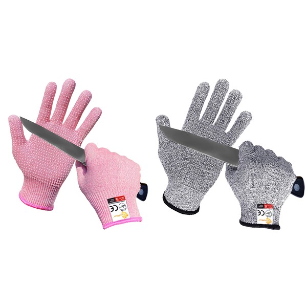 Evridwear 2 Colors 2 Pairs Combo Level 5 Cut Resistant Gloves with Strong Silicone Grip Dots Kitchen Meat cutting Fish Fillet Shucking and Mandolin Slicing Free E-book(M, Pink+Gray)