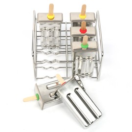 Yaekoo Set of 6 Stainless Steel Popsicle Mold and Rack Set - Homemade Ice Treat Makerwith 50 Wooden Sticks and 6 Silicone Seals and Bonus Cleaning Brush