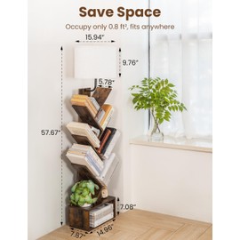 TabHolderix 6 Tier Tree Bookshelf with Light, Corner Tall Narrow Bookshelf, Small Bookcase with Storage Cabinet,Floor Standing Bookshelves Organizer for Bedroom/Living Room/Home Office, Rustic Brown
