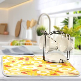 Dussdil Dish Drying Mats Fried Eggs Bacon Tomatoes Drainer Rack Mat for Counter 16 x 18 Inch Microfiber Dry Dishes Pad Coffee Bar Sink Countertops Mats