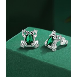 INFUSEU Frog Earrings for Women Sterling Silver, Green Cubic Zirconia Stud Ear, Cute Frog Jewellery Gifts for Frog Lovers