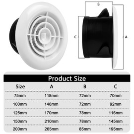 125mm Vent Cover, 5inch Round Adjustable Air Vent Ceiling Vent ABS Ventilation Grille Air Vents Cover for Bathroom Office Room