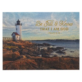 Christian Art Gifts 500 Piece Inspirational Scripture Jigsaw Puzzle for Men, Women & Kids: Be Still & Know Gold Bible Verse, Sturdy Easy Fit Die Cut Gold Multicolor Scenic Ocean Lighthouse, 18" x 24"