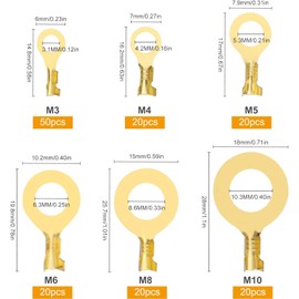 150pcs Round Terminal Set Connector Kit Brass Crimp Cable Terminals Brass Ring Cable Lugs Round Terminals Copper Lugs Crimp Cable Terminals M3 M4 M5 M6 M8 M10 Kit Automotive Appliance Socket Cable Lug Wire Terminal Kit