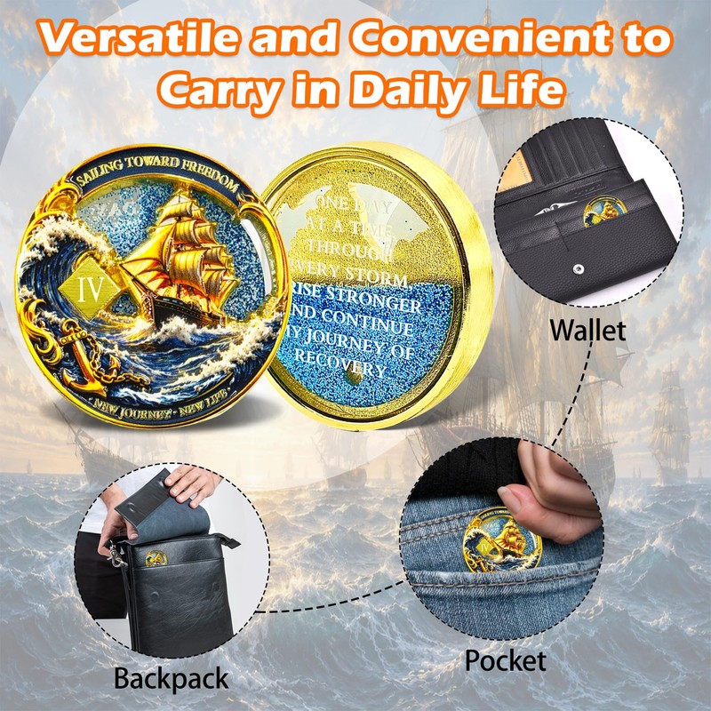 Sobriety Coin with Liquid Sand, Recovery Ship Challenge Coin, One