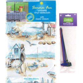 Elrene Summer Flannel Back Vinyl Tablecloths: Patio Table Umbrella Hole and Zipper Table Cover, 52" x 70" inch Rectangle (Seaside)