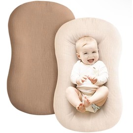 Kraddle Muslin Baby Lounger Cover 2 Pack, 100% Cotton Newborn Lounger Cover, Soft and Breathable Lounger Slipcover for Boys Girls, Covers Only (Brown, Cream)