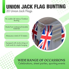 10m Union Jack Flag Bunting, 20 British Flags, Weatherproof PVC for Olympic Celebrations, Sports Events, National Holidays, Themed Parties and Celebrations (10M Flagged Bunting)