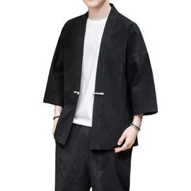 PRIJOUHE Men's Kimono Jackets Cardigan Casual Cotton Blends Linen Seven Sleeve Open Front Embroidery Coat