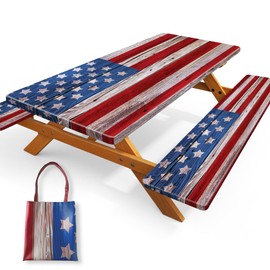 FIVZHH American Flag Picnic Table Cover with Bench Covers 6FT, Camping Essentials Waterproof Windproof Fitted Outdoor Tablecloth with Elastic Rectangle Table Cloth Camping Accessories