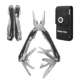 Swiss+Tech Multi Tool Pliers 16-in-1, Multi-Tool Stainless Steel, Multifunctional Pliers, Foldable Multitool Tool with Scissors, Bottle Opener, Ideal for Hiking, Camping, Repairing with Carry Bag