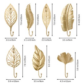 QUMENEY 7 Pieces Wall Mounted Metal Coat Hooks Gold Leaves Decorative Hanging Wall Hooks Key Holder Hanger for Entrance Bathroom Bedroom Farm Decoration