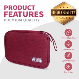 Lcsmaokin Electronics Travel Organizer,Portable Waterproof Electronic Travel Storage Bag for Small Charging Cord Storage,Charger,Small Electronics,SD Card etc,for Travel,Business-Wine Red