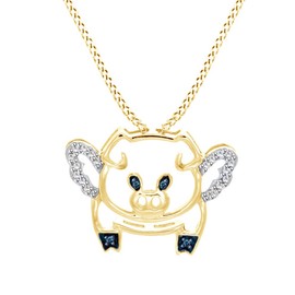 AFFY Blue & White Cubic Zirconia Flying Pig Pendant Necklace in 925 Sterling Silver