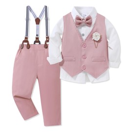 WESIDOM Toddler Boy Clothes Suit Formal Dress Shirt+Bowtie+Vest+Boutonniere+Suspender Pants Boys Gentleman Outfits Set Pink