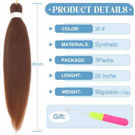 WacanDan Brown Braiding Hair Pre stretched 26 Inch 3 Packs, Professional Soft Yaki Texture Long Braid Extensions, Hot Water Setting for Box Braids Twist & Crochet Braids 30#