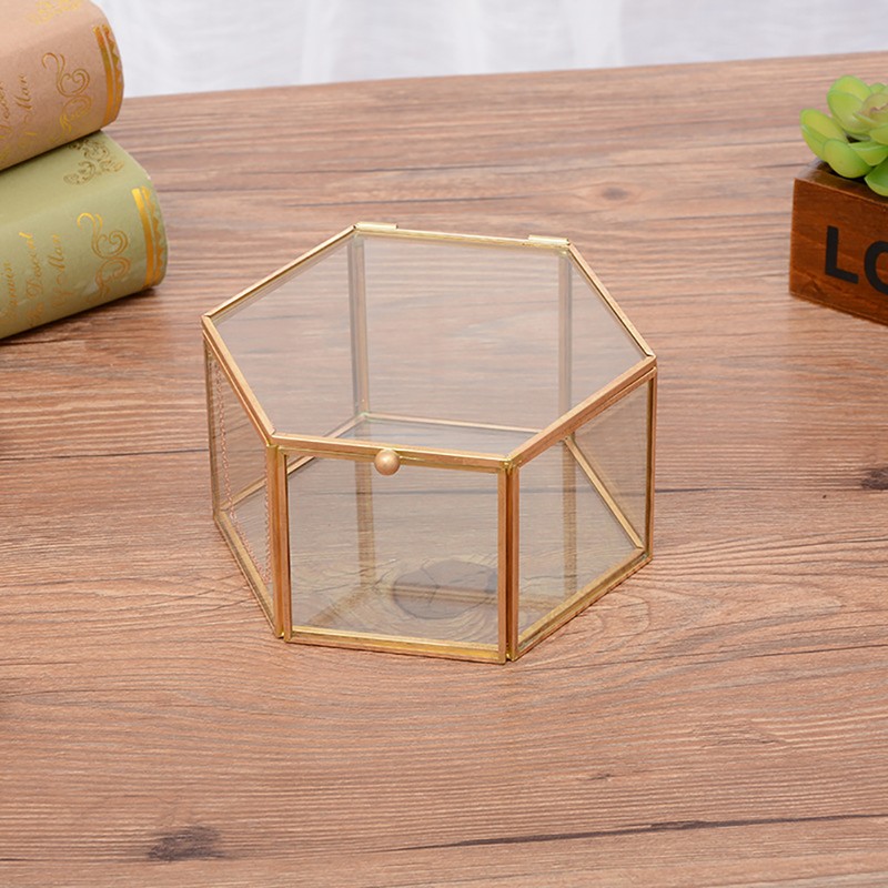 Hexagon Shape Geometric Transparent Glass Flower Room Glass Ring Box