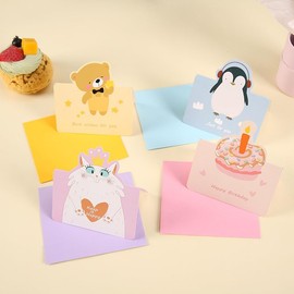 MKUCCD Creative Children's Birthday Card Cartoon Invitation Letter Girl and Boy's Birthday Card, Pink Purple Blue yellow (4 Birthday Cards)