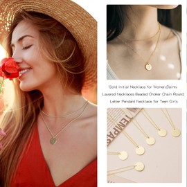 Gold Initial Necklace for Women,Dainty Layered Necklaces Beaded Choker Chain Round Letter Pendant Necklace for Teen Girls (T)