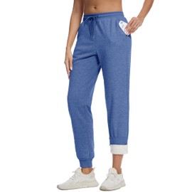 MAGCOMSEN Winter Pants for Women Sherpa Joggers Fleece Lined Sweatpants Heavy Flannel Lounge Pants Grey Blue XL