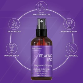 Seven Minerals Relaxing Leg Magnesium Spray, Powerful Organic Blend of Essential Oils (Orange, Cedarwood, & Laavender), That Calms Legs Naturally. 4 fl oz,