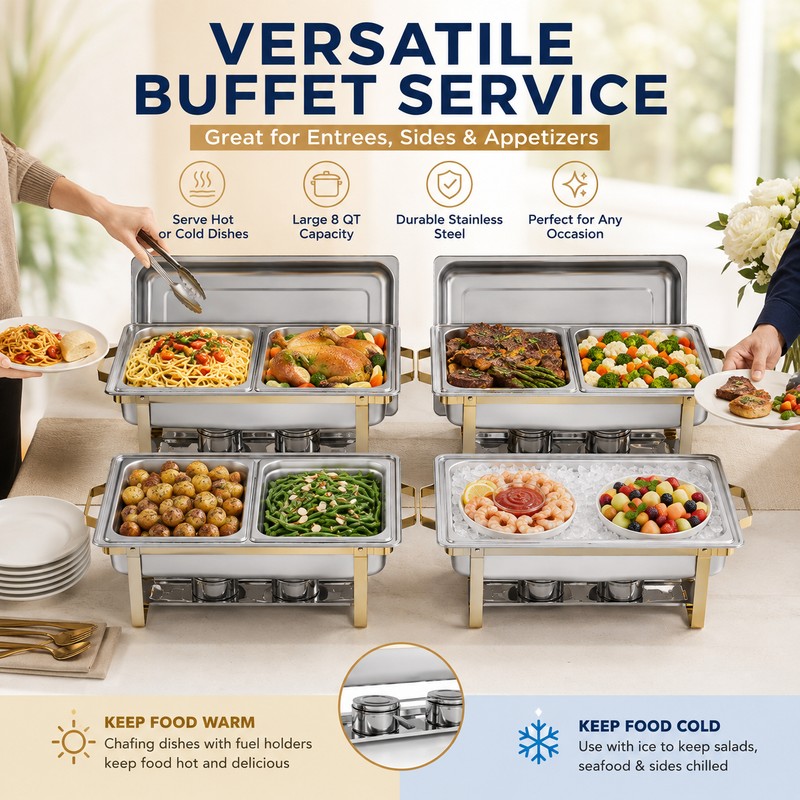 8QT Stainless Steel Chafing Dish Set for Buffets – Gold