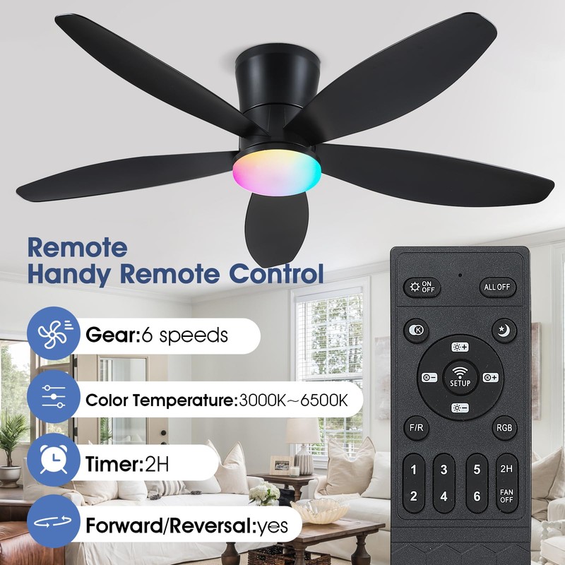Surtime Flush Mount RGB Ceiling Fans with Lights-48 Low Profile