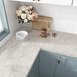 VEELIKE Glossy Beige Grey Marble Countertop Contact Paper Kitchen Peel and Stick Countertops Waterproof Marble Contact Paper 15.7''x354'' Adhesive Vinyl Laminate Countertop Sheet for Bathroom Walls