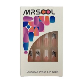MRSCOL Long Press on Nails,Coffin Press on Nails with Butterfly Design,Long Reusable 24pcs Nail Kit with Glue