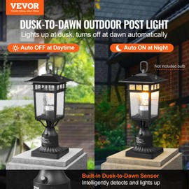 VEVOR 2 Pack Dusk to Dawn Outdoor Post Light 17.72 in, Waterproof Lamp Post Lights Fixtures with 3.5 in Pier Mount Base Glass Shade, Lightning-Proof Exterior Pole Column Light for Patio Garden Pathway