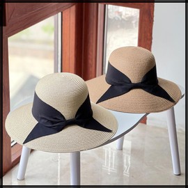 [ホワイトファング] 麦わら 帽子 ハット 大きなツバ リボン付き UVカット 夏 おしゃれ かわいい レディース CZA127(ホワイトブラック)