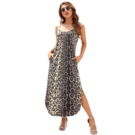 HUSKARY Women's Summer Casual Sleeveless V Neck Strappy Split Loose Dress Beach Cover Up Long Cami Maxi Dresses with Pocket Leopard