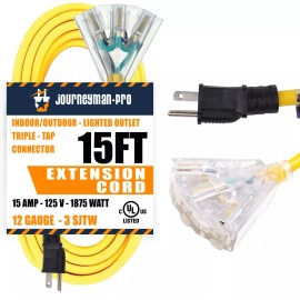 Journeyman-Pro 15FT Lighted Outdoor Extension Cord Triple-Tap 3 Way Splitter 15 AMP 12 AWG 15'