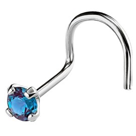 Solid 14K Gold Nose Screw Stud Lab-Alexandrite 22G Cork-screw Nose Stud - 14K White Gold / 14K Yellow Gold June Birthstone Nose Ring Stud, gemstone, alexandrite