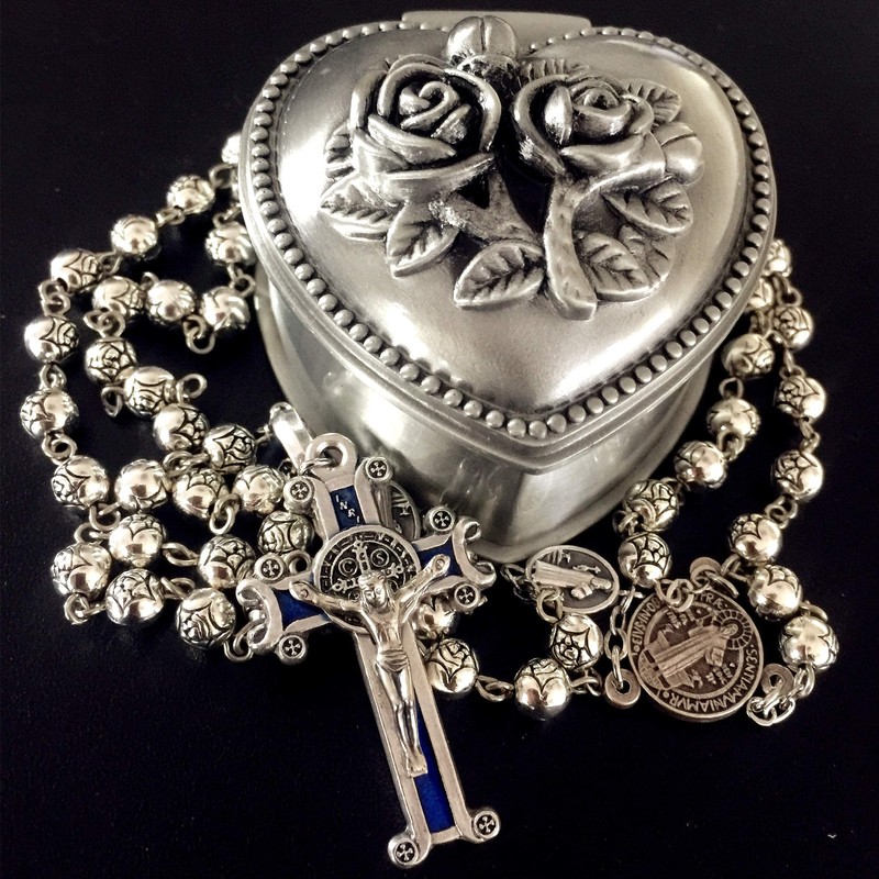 elegantmedical HANDMADE SILVER ROSE BEADS CATHOLIC Saint St Benedict ROSARY