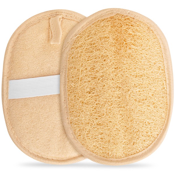 Egyptian Natural Loofah Pad Exfoliating Body Scrubber - Vegan Double Sided Luffa Sponges Deep Clean Your Body, Face & Back While an Exfoliating Washcloth Side Removes Oils - 6.9 x 4.7 Inches, 2 Pack