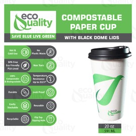 20 oz Compostable Paper Cups with Black Dome Lids - Biodegradable Disposable White Paper Coffee Cups PLA Lined - Eco-friendly Hot and Cold Drinking Cups (50)