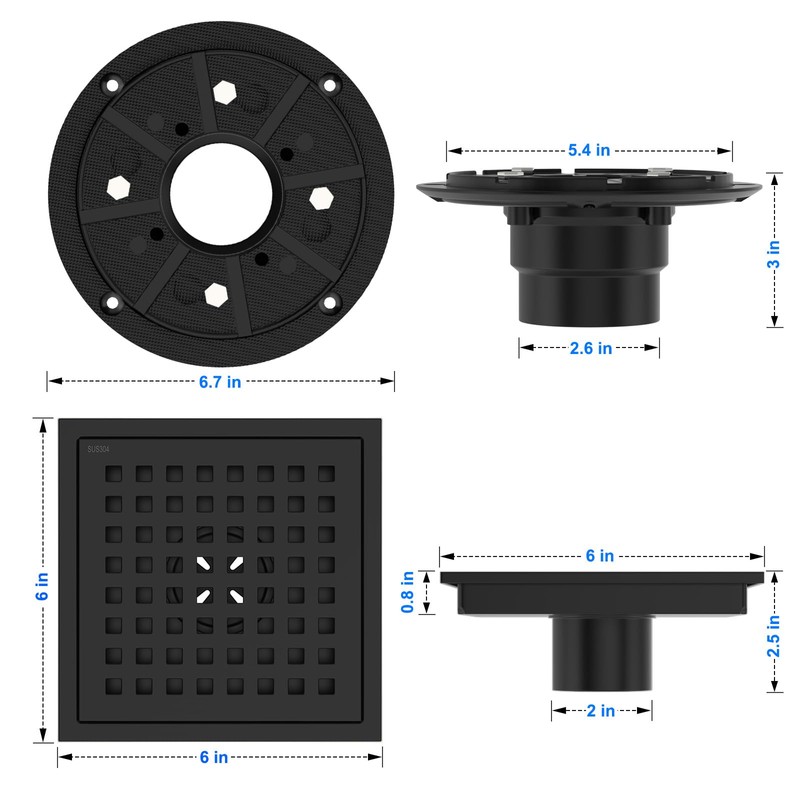 6 Inch Square Shower Drain with Flange - Quadrato Pattern