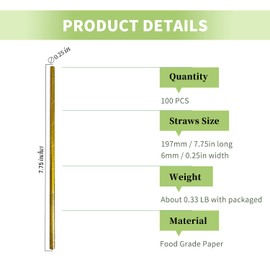 Solid Gold Paper Straws, 100 Pack Disposable Drinking Gold Straws Gold Pop Sticks for Party in Birthday, Anniversary, Wedding, Holiday Celebrations, Party Decoration